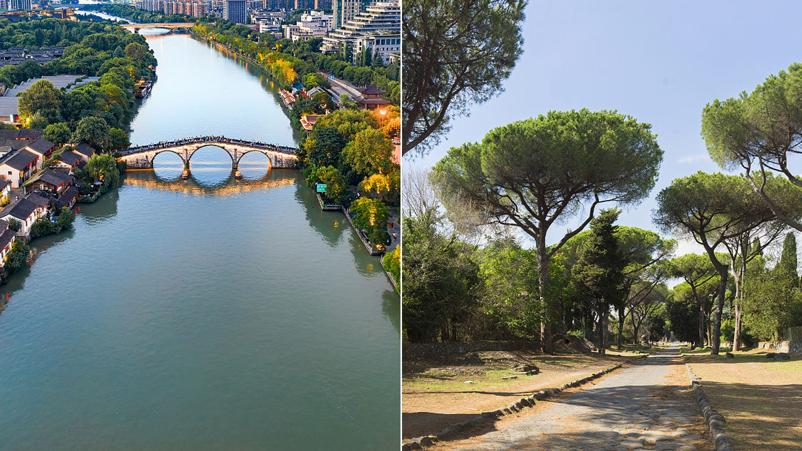 A section of the Grand Canal in China (left) and the Appian Way in Italy /CFP