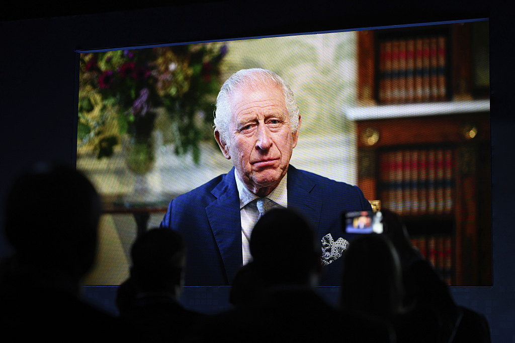 Britain's King Charles III addresses delegates in a pre-recorded video message during the first plenary session of the AI Safety Summit at Bletchley Park in Bletchley, Britain, November 1, 2023. /CFP