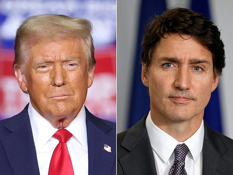This composite image created on November 29, 2024, shows U.S.  president-elect Donald Trump (L) during a campaign rally in Pittsburgh, Pennsylvania on November 4, 2024, and Canadian Prime Minister Justin Trudeau during a press conference in Montreal, Canada on September 26, 2024. /CFP
