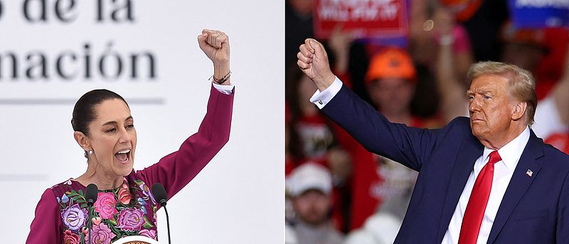 This composite image created on January 14, 2025, shows Mexico's President Claudia Sheinbaum (L) during an event to mark her first 100 days in office at Zocalo Square, Mexico City, Mexico on January 12, 2025, and U.S. president-elect Donald Trump at the end of a campaign rally in Pittsburgh, Pennsylvania on November 4, 2024. /CFP