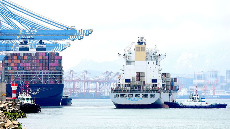 A cargo ship loaded with containers is seen at the Qingdao Port in east China's Shandong Province, June 7, 2024. /VCG