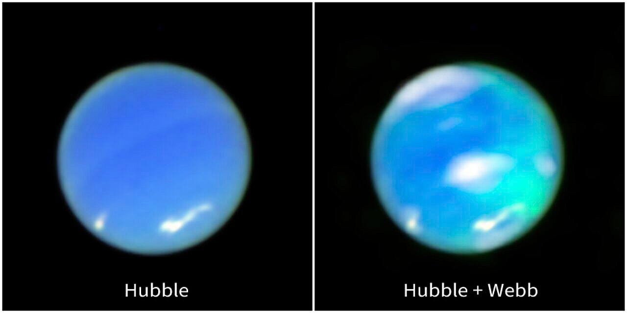 An enhanced-color image of Neptune from the NASA/ESA Hubble Space Telescope (L) and that combined with data from the NASA/ESA/CSA James Webb Space Telescope, March 26, 2025. /VCG
