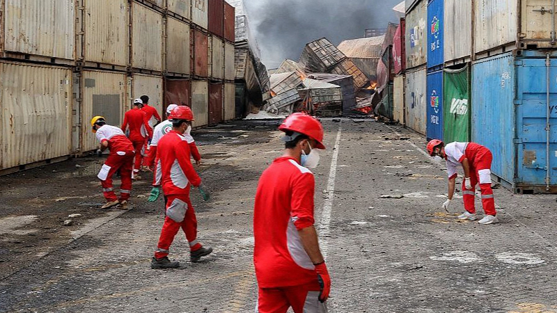 Rescuers at the scene of an explosion at the Shahid Rajaee port dock in the Iranian province of Hormozgan, April 28, 2025. /VCG