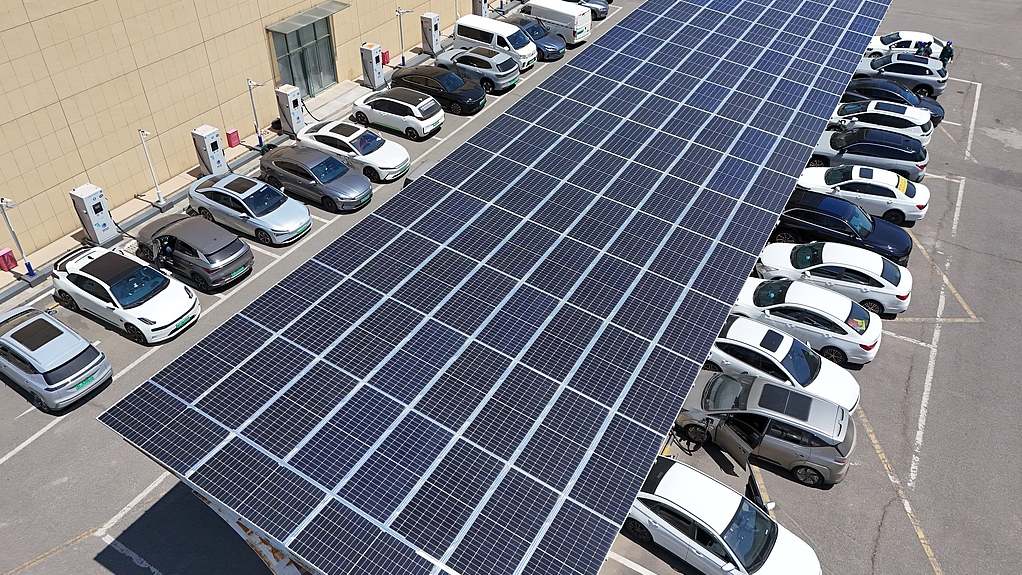 New energy vehicles are seen charging at a charging station in Yantai, east China's Shandong Province, April 28, 2025. /VCG