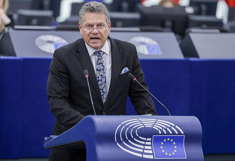 European Trade Commissioner Maros Sefcovic speaks during a debate on 